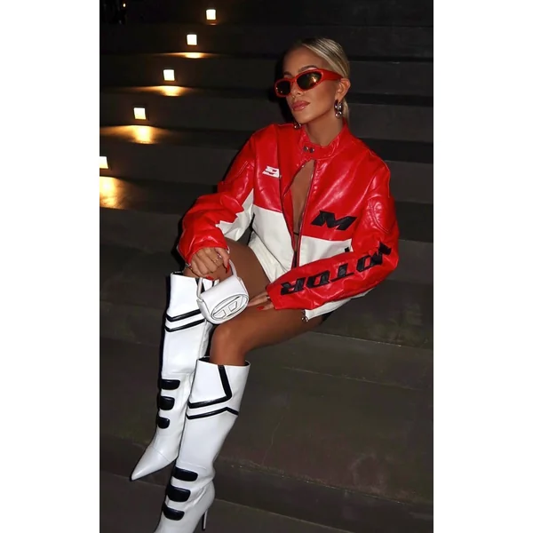 White PU Point Toe Motor Cross Contrast High Heeled Knee Boots