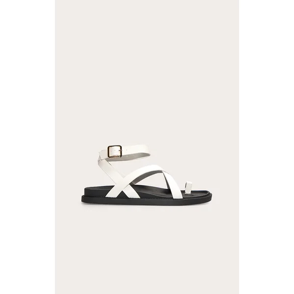 White Pu Round Toe Ankle Strap Footbed Sandals