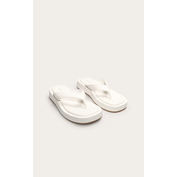 White Pu Round Toe Thong Flatform Sandals