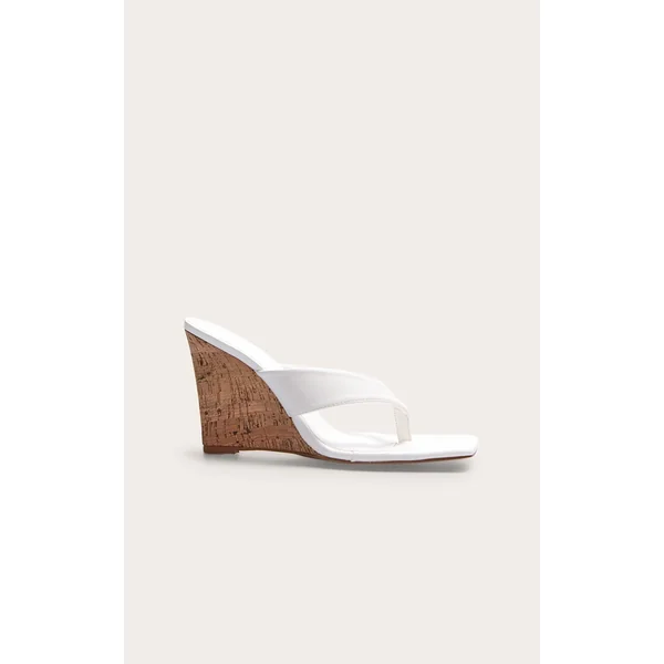 White Pu Round Toe Thong Heeled Wedges