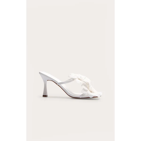 White Pu Square Toe Multi Flower Detail Mid Stiletto Heeled Mules