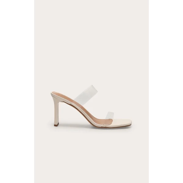 White Pu Square Toe Perspex Straps High Thin Block Heeled Mules
