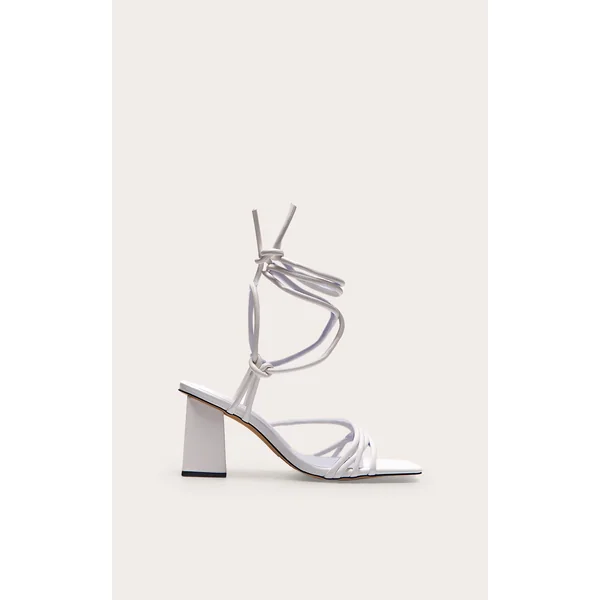 White Pu Square Toe Strappy Low Block Heeled Sandals