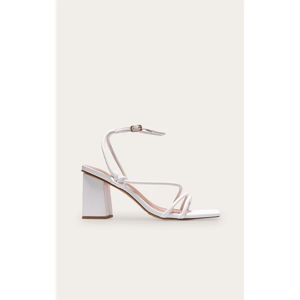 White Pu Square Toe Strappy Tube Asymmetric Block Heeled Sandals