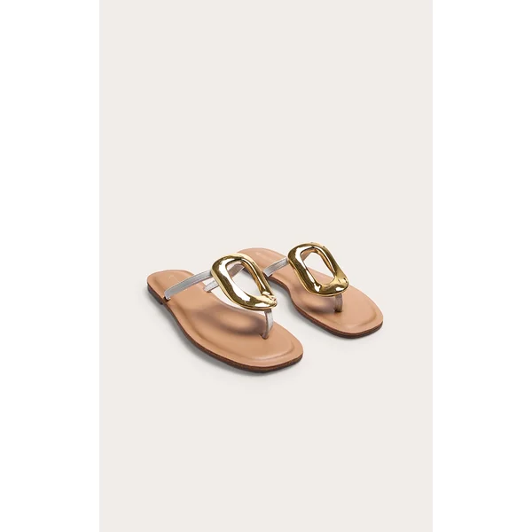 White Pu Square Toe Thong Trim Detail Resin Sole Flat Sandals