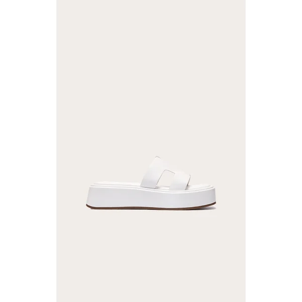 White Pu Strap Round Toe Flatform Sandals