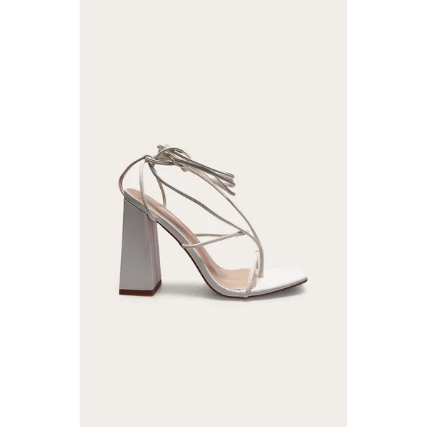 White PU Toe Detail Lace Up High Block Heeled Sandals