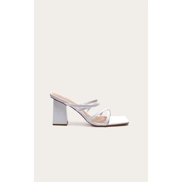 White PU Wide Fit Square Toe Strappy Block Heeled Mules