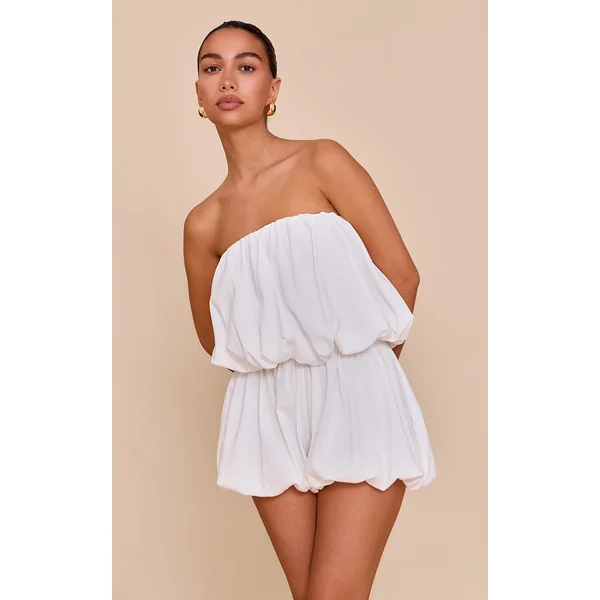 White Puffball Detail Bandeau Romper