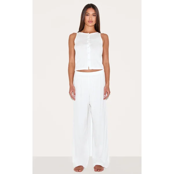 White Ribbed Button Vest Long Pj Set