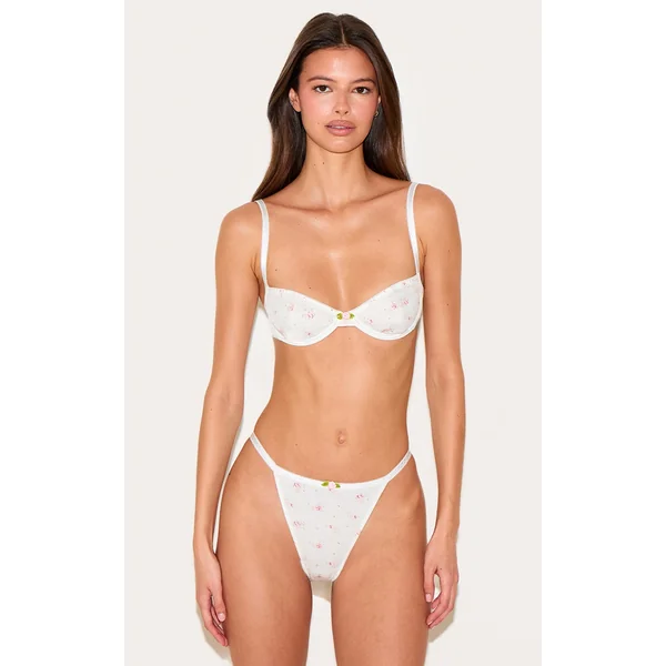 White Ribbed Jersey Floral Underwired Lingerie Set