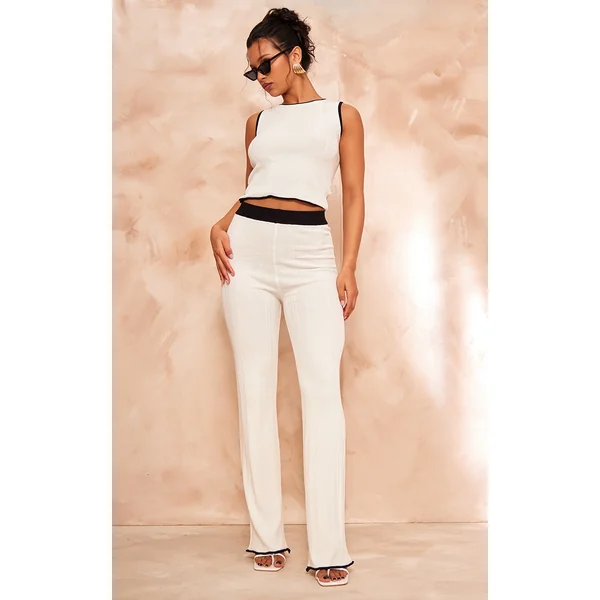 White Ribbed Knit Contrast Hem Pants