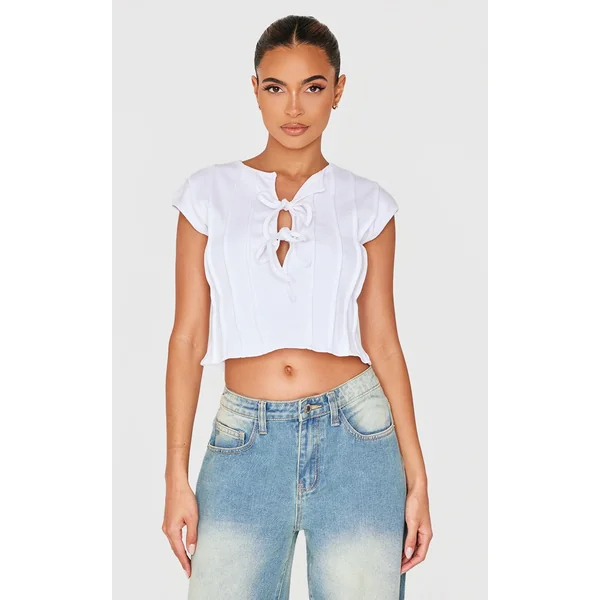 White Ribbed Tie Front Detail Long Top