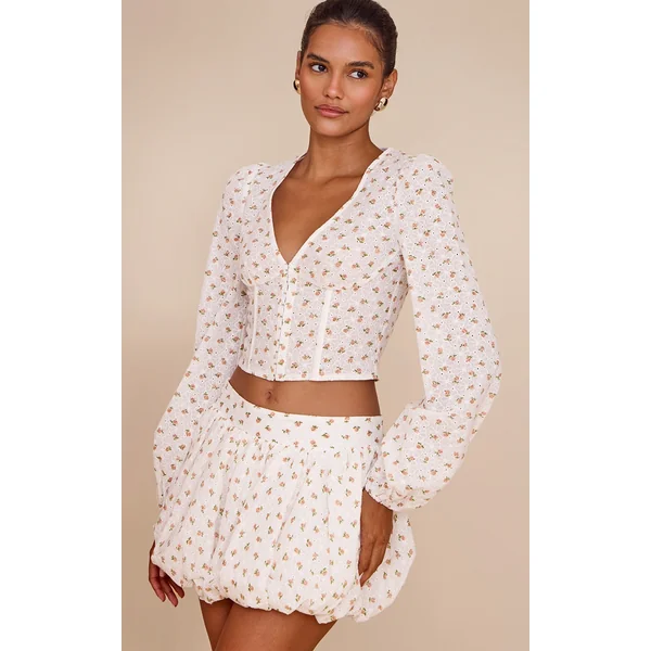 White Rose Ditsy Print Long Sleeve Corset Top