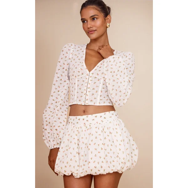 White Rose Ditsy Print Puffball Skirt