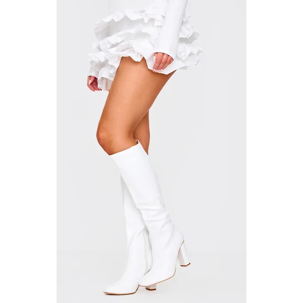 White Round Block Heel Knee High Boots