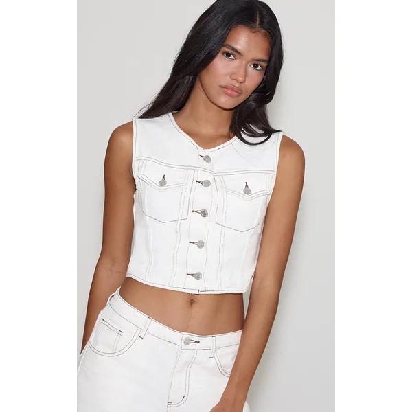 White Round Neck Button Detail Sleeveless Denim Crop Top
