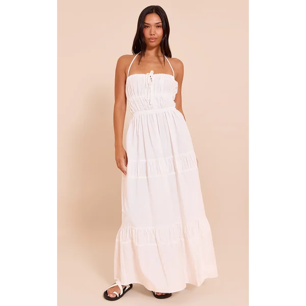 White Ruched Backless Strappy Maxi Dress