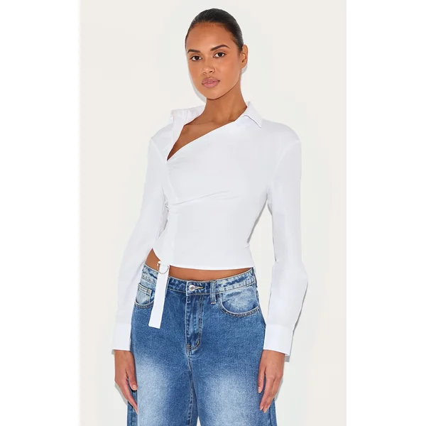 White Ruched Buckle Asymmetric Shirt
