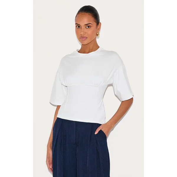 White Ruched Bust Detail Fitted T Shirt