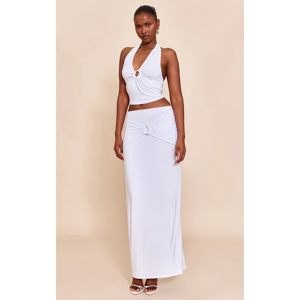 White Ruched Detail Flowy Maxi Skirt