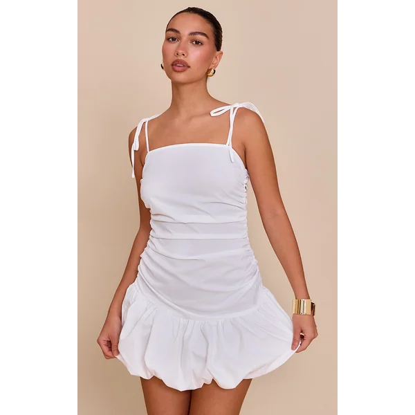 White Ruched Detail Strappy Puffball Dress