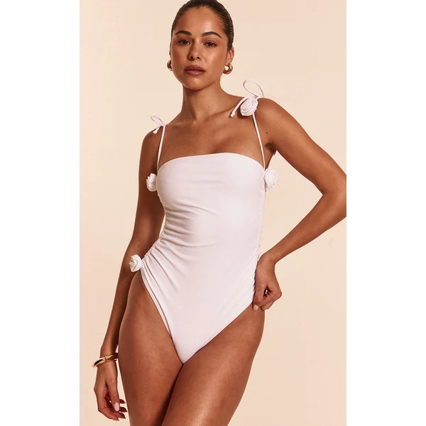 White Ruched Flower Trim Swimsuit