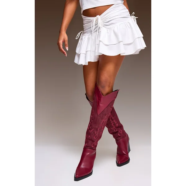 White Ruched Frill Detail Mini Skirt