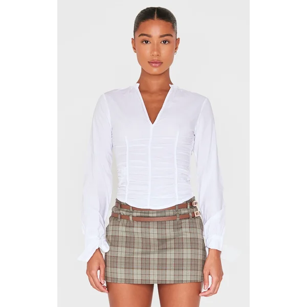 White Ruched Front Tie Detail Shirt