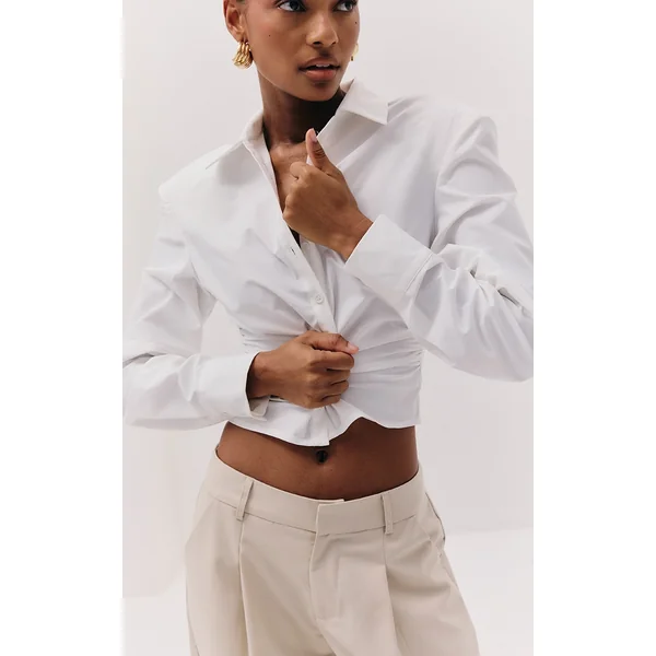 White Ruched Shoulder Pad Detail Shirt