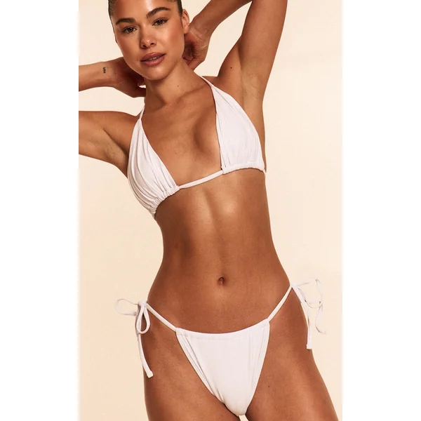 White Ruched Tie Front Triangle Bikini Top
