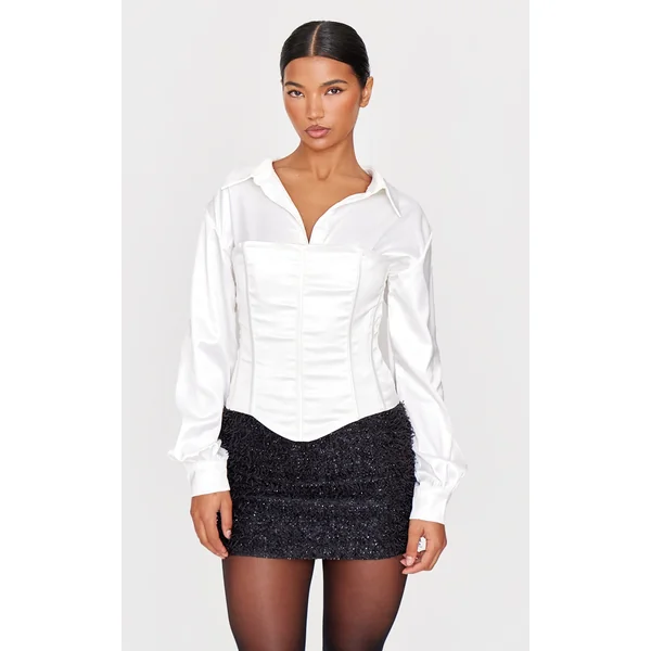 White Satin Corset Detail Shirt