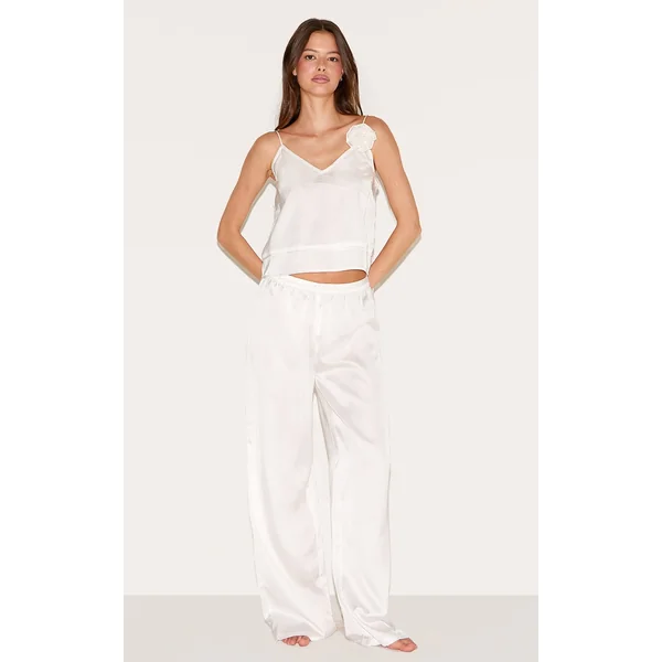 White Satin Flower Trim Cami Long Pj Set