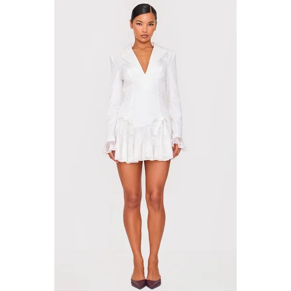 White Satin Lace Trim Bow Blazer Dress