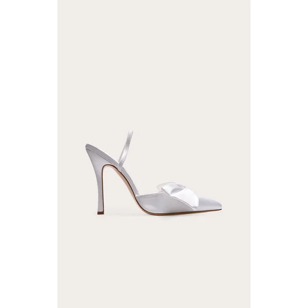 White Satin Point Toe Bow Detail Sling Back Heeled Courts