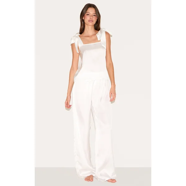 White Satin Ribbon Tie Cami Long Pj Set