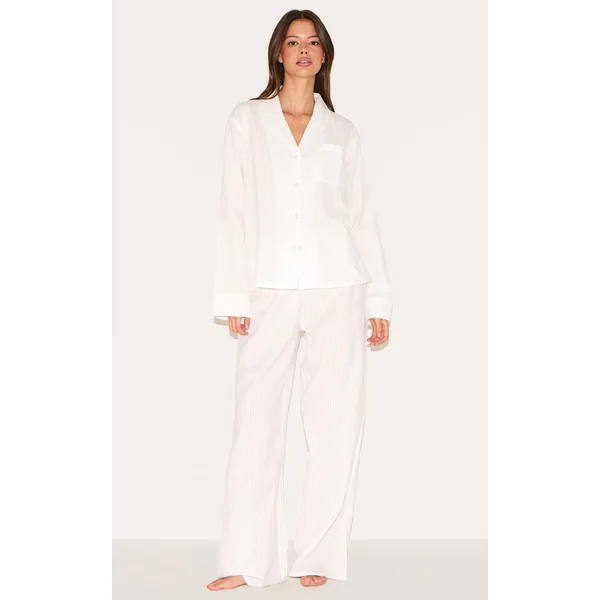 White Seersucker Revere Collar Long Pj Set