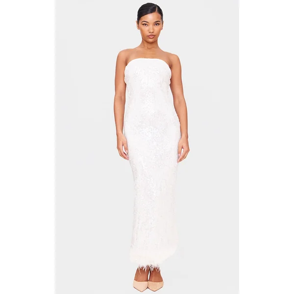 White Sequin Faux Feather Maxi Dress