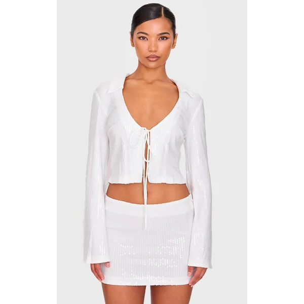 White Sequin Tie Front Detail Long Sleeve Shirt
