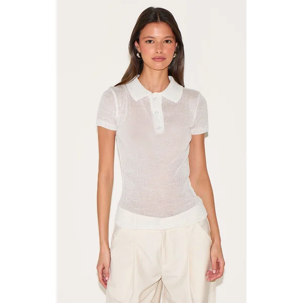 White Sheer Knit Polo Top