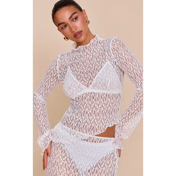 White Sheer Lace Asymmetric Long Top