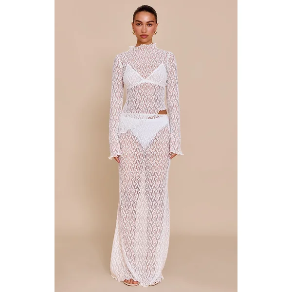 White Sheer Lace Fishtail Maxi Skirt