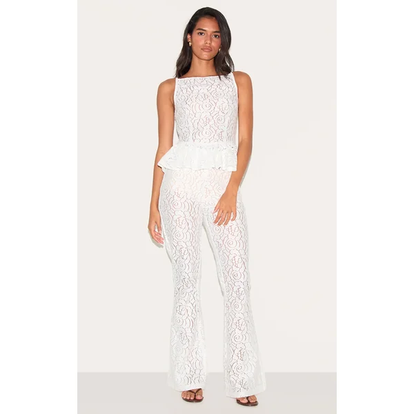 White Sheer Lace Flared Leg Pant