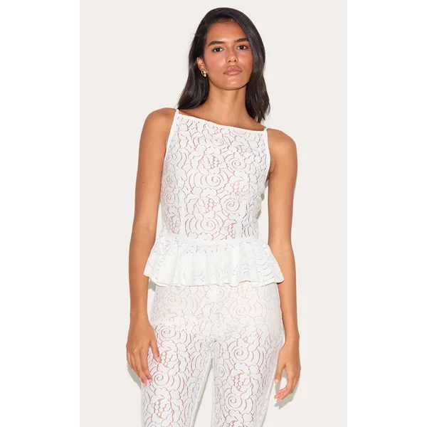 White Sheer Lace Peplum Sleeveless Top
