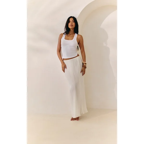 White Sheer Plisse Scalloped Hem Maxi Skirt