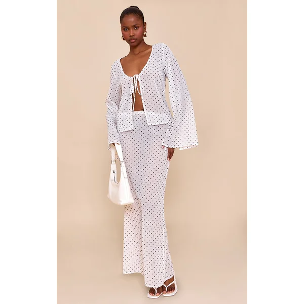 White Sheer Polka Dot Tie Side Maxi Skirt