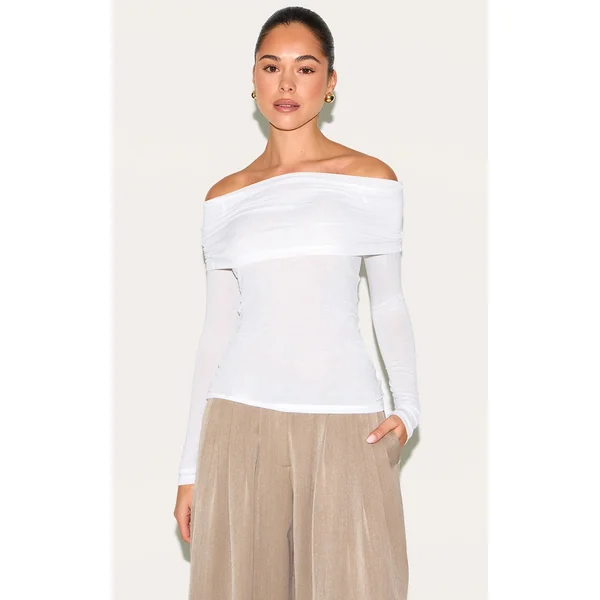 White Sheer Soft Touch Fold Over Detail Bardot Long Sleeve Top
