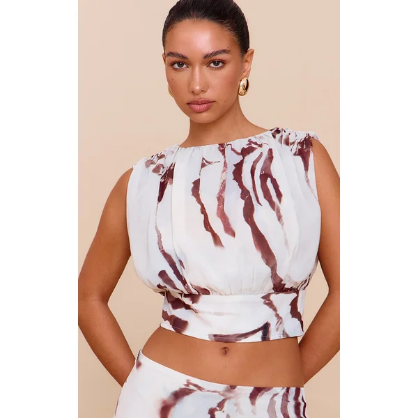 White Shell Print Chiffon Ruched Crop Top