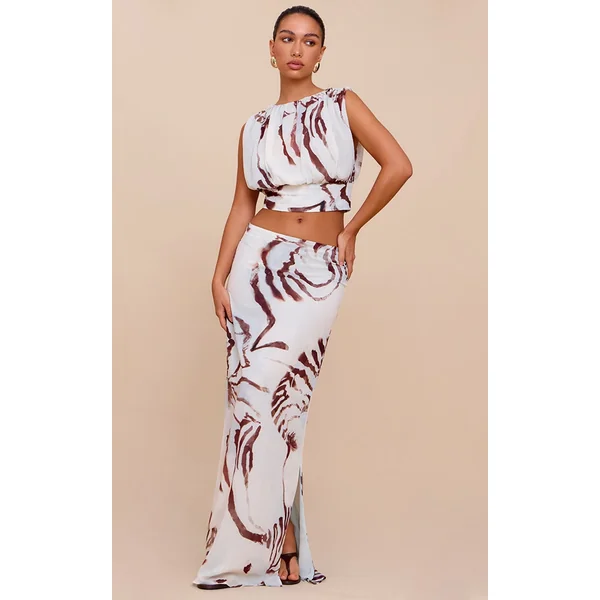 White Shell Print Chiffon Split Maxi Skirt