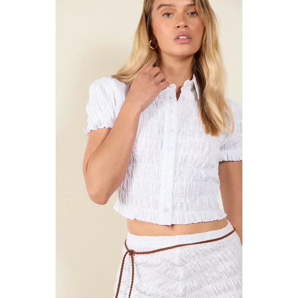 White Shirred Frill Hem Cropped Shirt